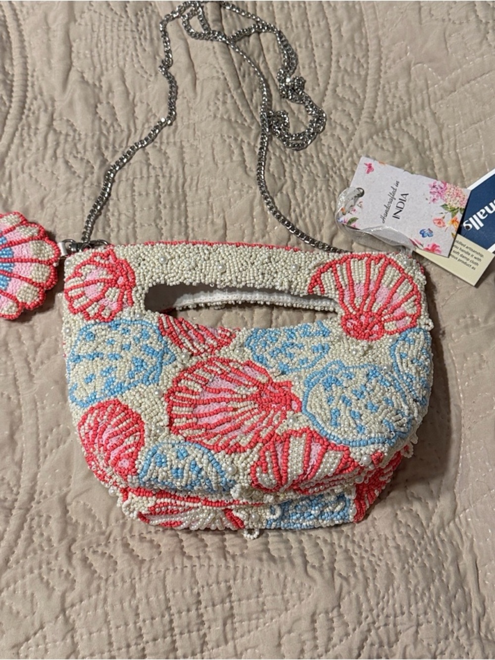 Beaded Coral Shell Crossbody Bag - Cream, Coral & Blue